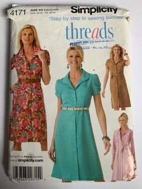 Simplicity Threads 4171 Sewing Pattern Misses Shirt Dress Size 8-16